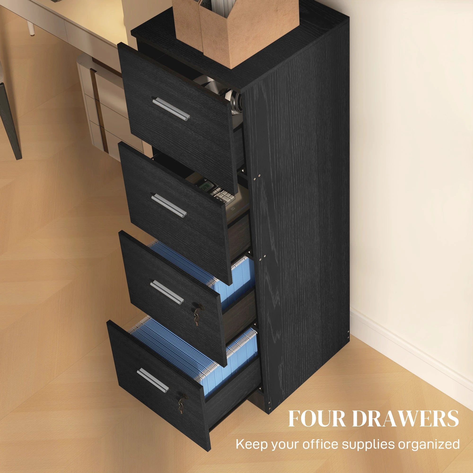 HOMCOM HOMCOM 4 Drawer File Cabinet Locking Filing Cabinet, Black Wood Effect - Filing Cabinet