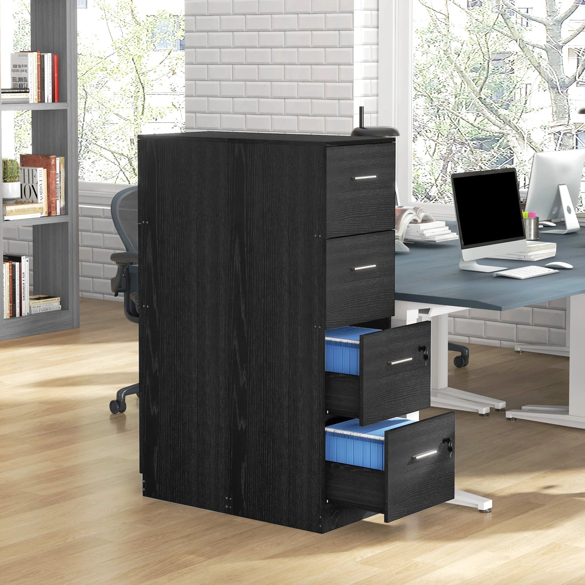 HOMCOM 4 Drawer File Cabinet Locking Filing Cabinet, Black Wood Effect by HOMCOM