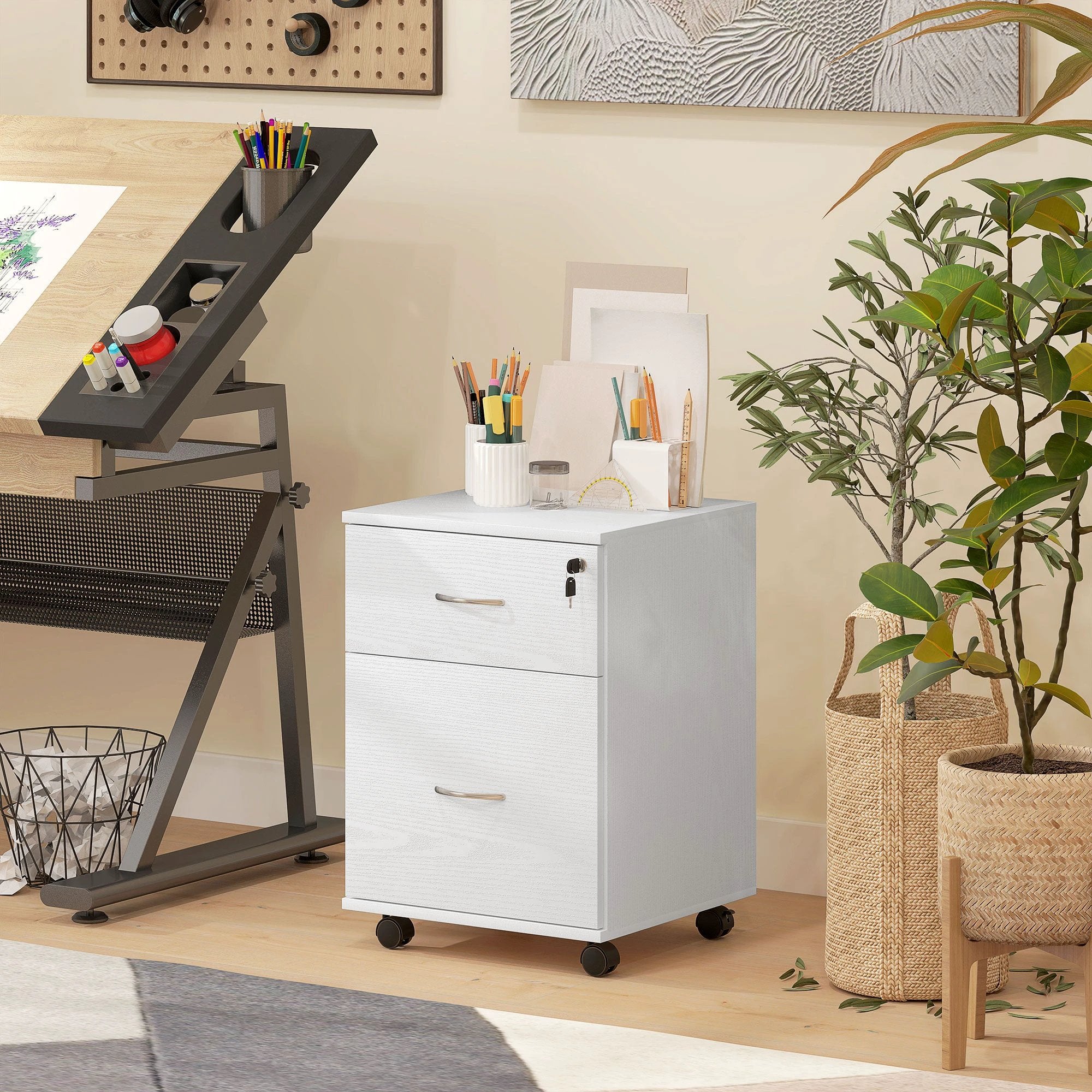 HOMCOM Pedestal Office Mobile Filing Cabinet 2 Drawer White by HOMCOM