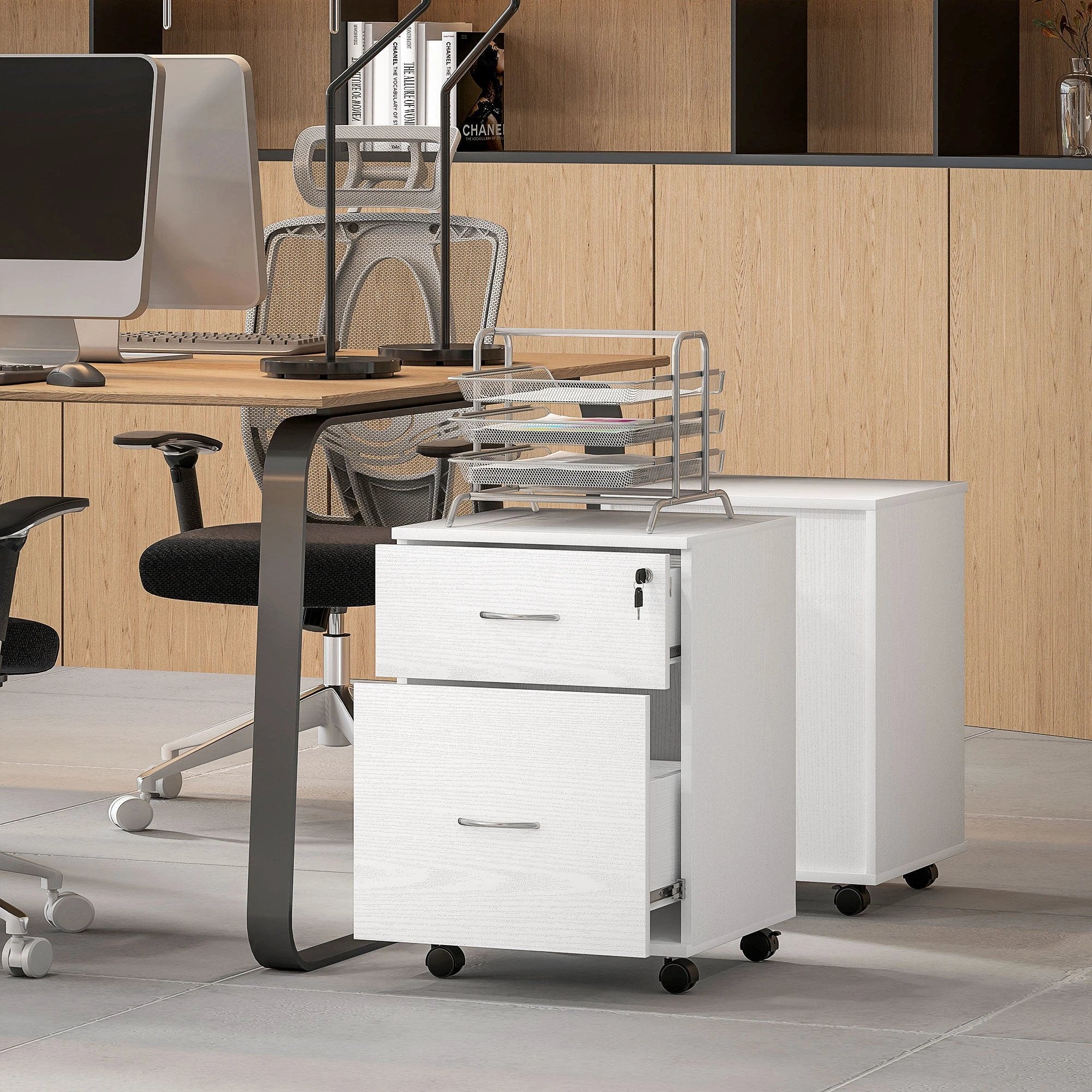 HOMCOM Pedestal Office Mobile Filing Cabinet 2 Drawer White by HOMCOM