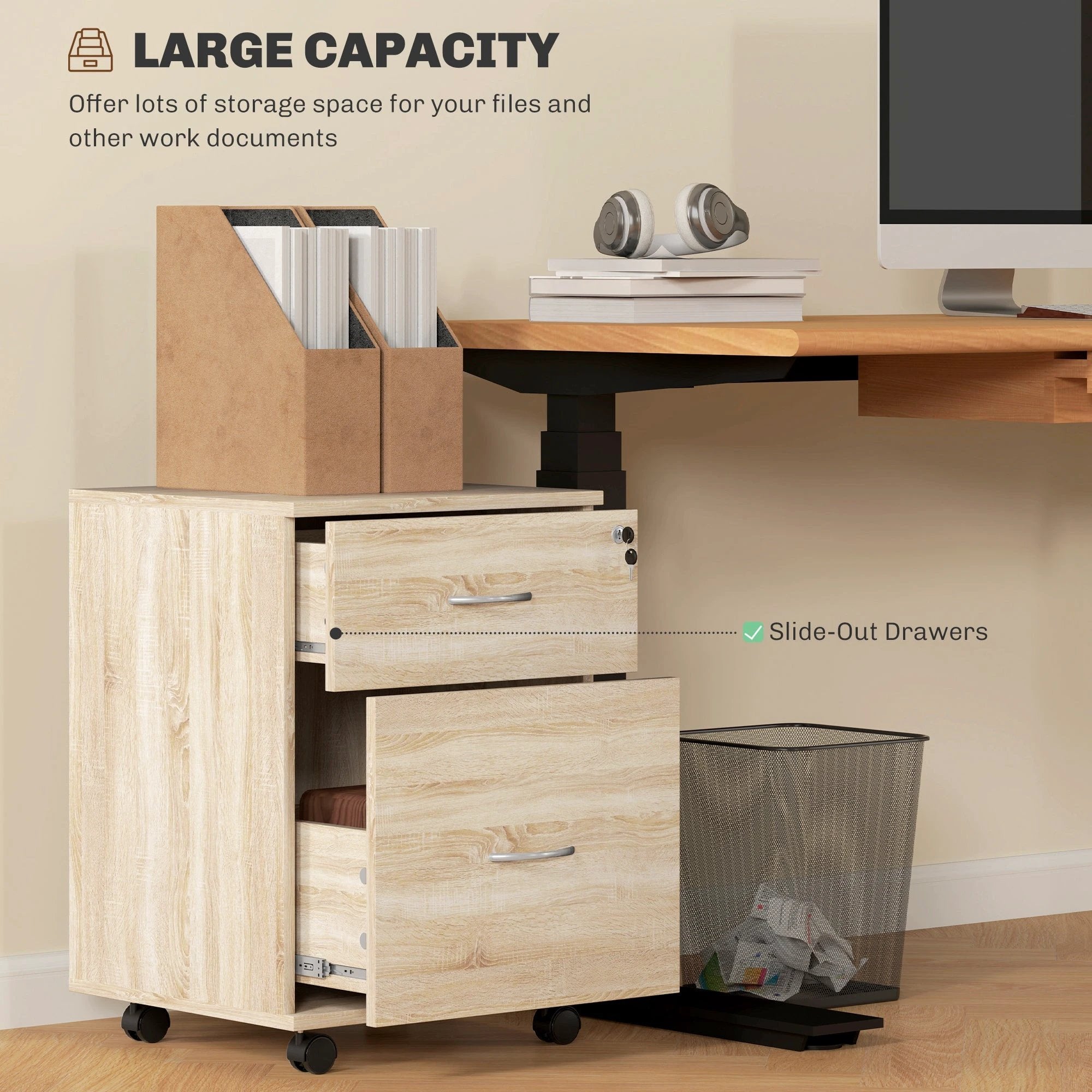 HOMCOM Pedestal Office Mobile Filing Cabinet 2 Drawer Wooden Storage Oak - Filing Cabinet