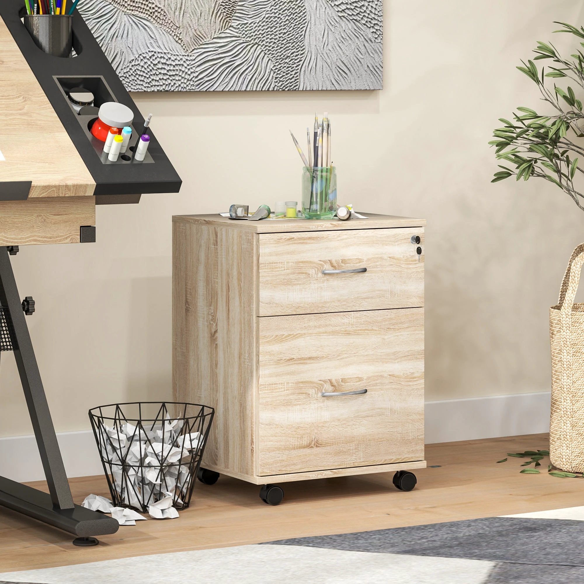 HOMCOM Pedestal Office Mobile Filing Cabinet 2 Drawer Wooden Storage Oak - Filing Cabinet