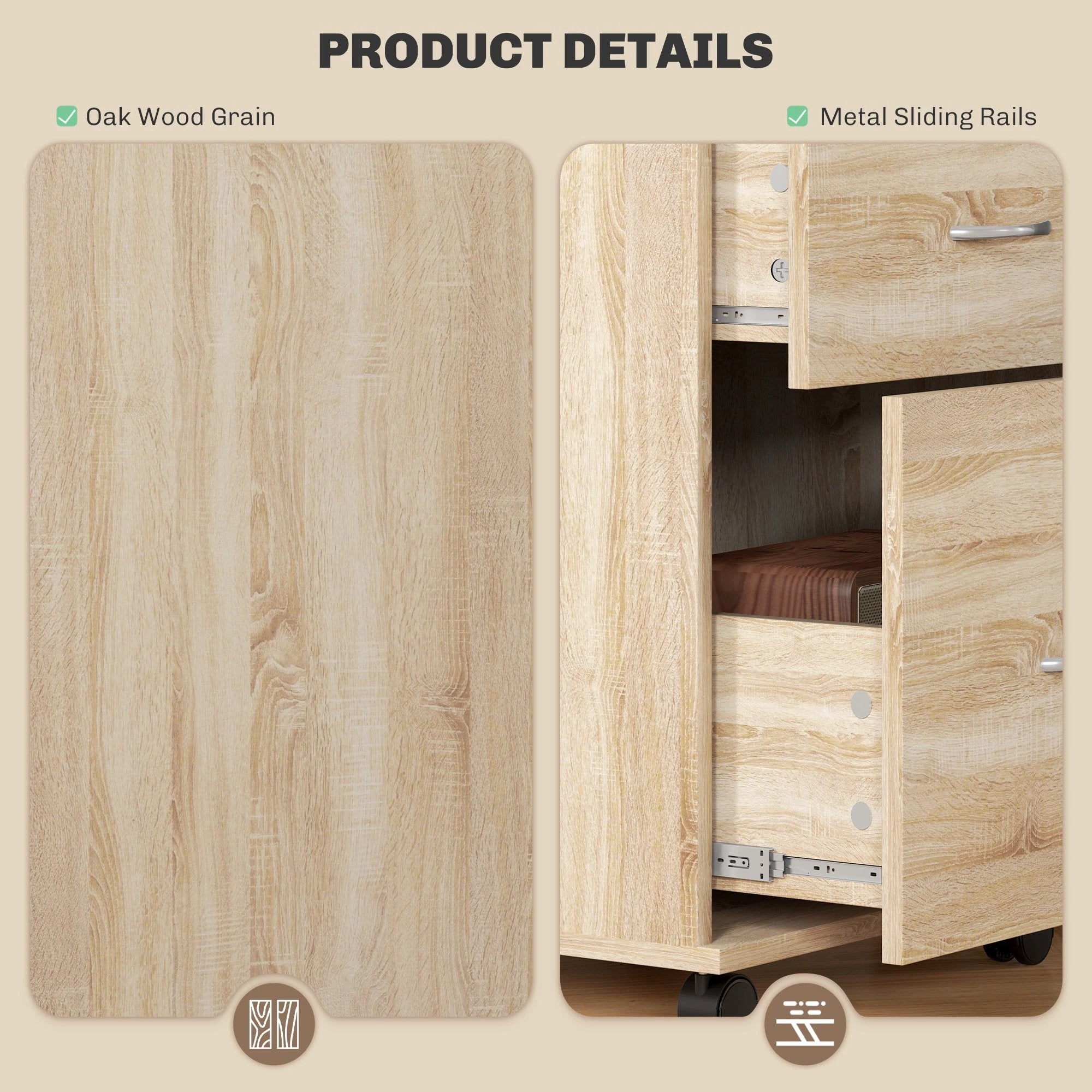 HOMCOM Pedestal Office Mobile Filing Cabinet 2 Drawer Wooden Storage Oak - Filing Cabinet