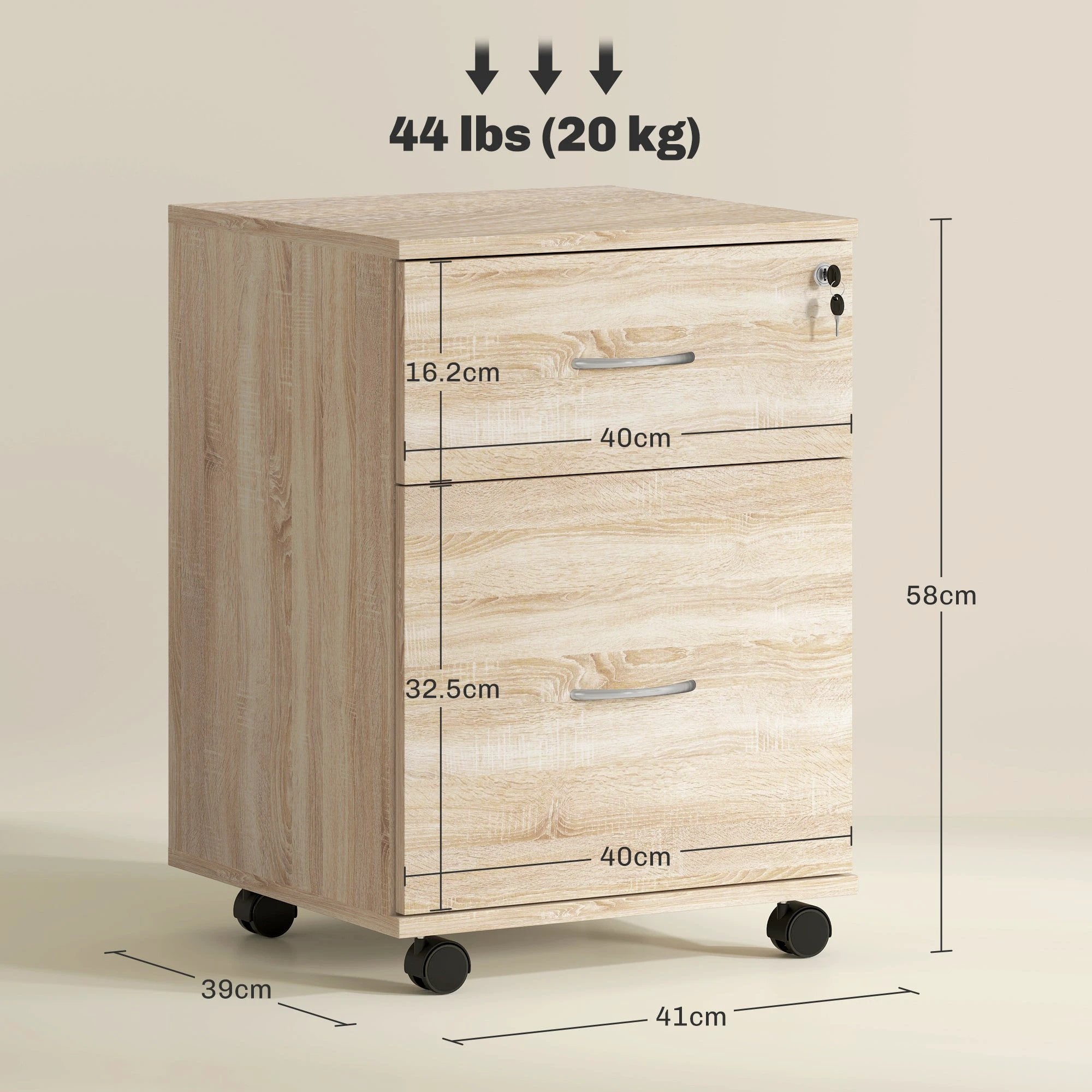 HOMCOM Pedestal Office Mobile Filing Cabinet 2 Drawer Wooden Storage Oak - Filing Cabinet