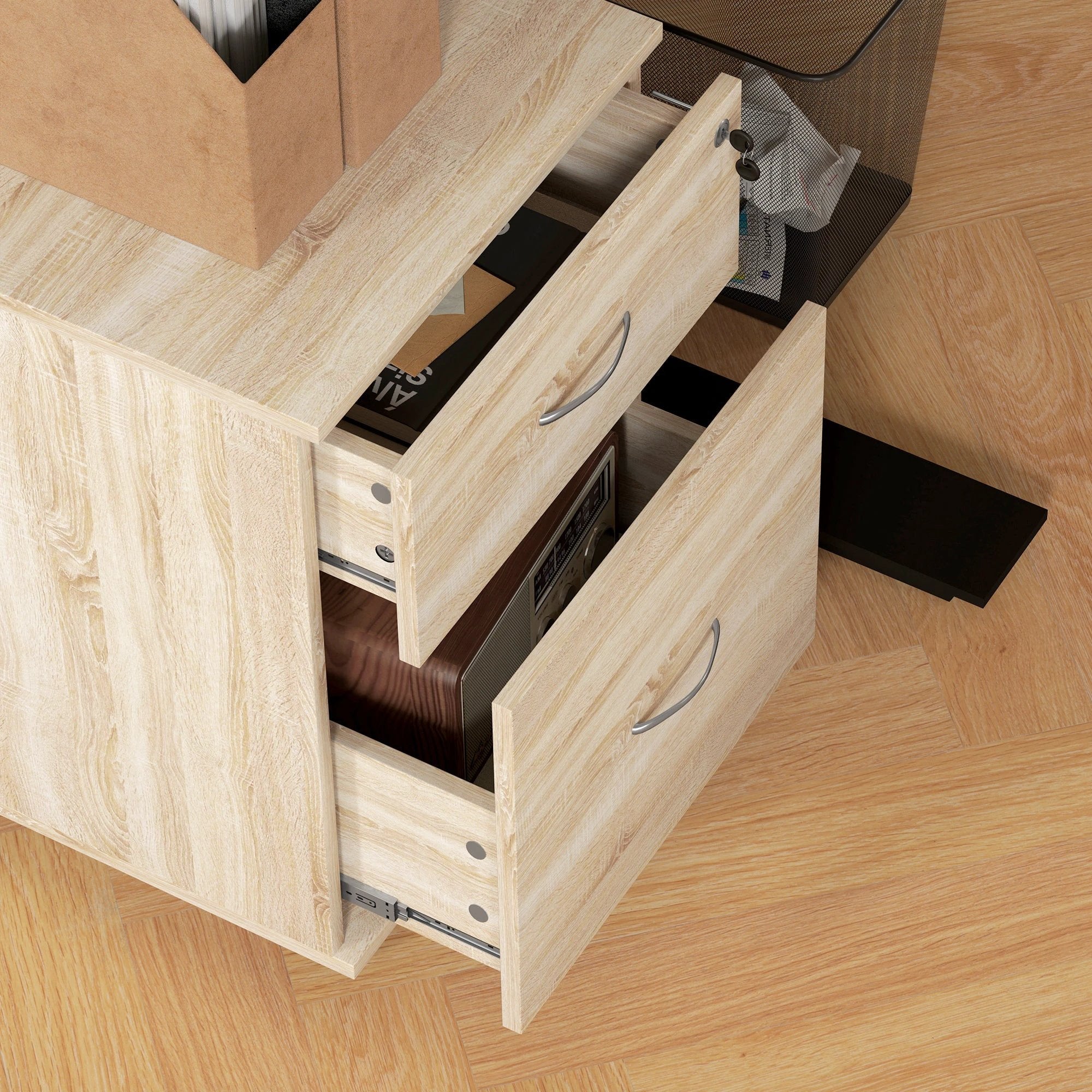HOMCOM Pedestal Office Mobile Filing Cabinet 2 Drawer Wooden Storage Oak - Filing Cabinet