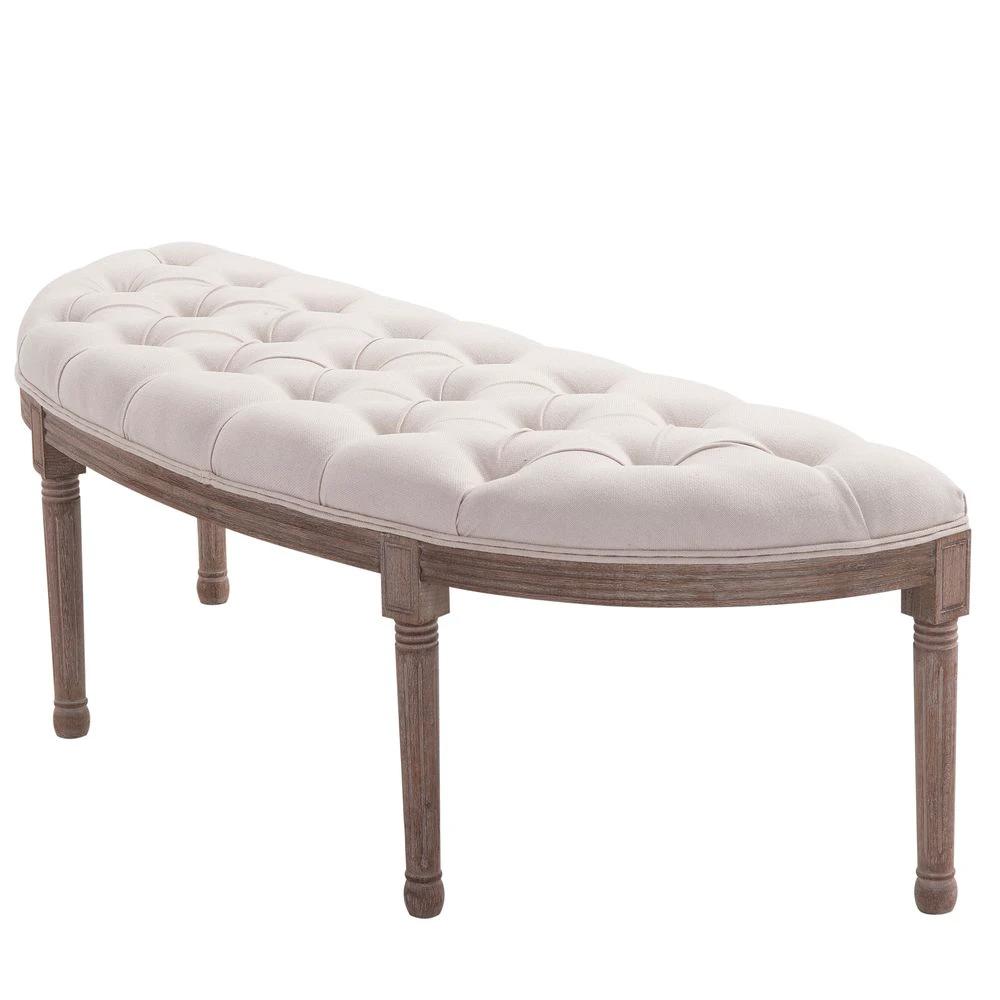 Half-Circle End Bench Ottoman Footstool Button Tufting Padded Seat Cream by HOMCOM