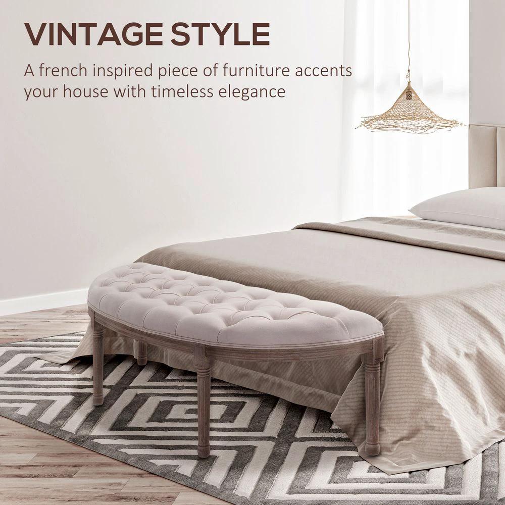 Half-Circle End Bench Ottoman Footstool Button Tufting Padded Seat Cream by HOMCOM