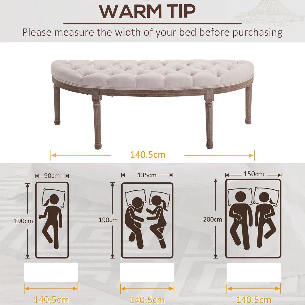 Half-Circle End Bench Ottoman Footstool Button Tufting Padded Seat Cream by HOMCOM