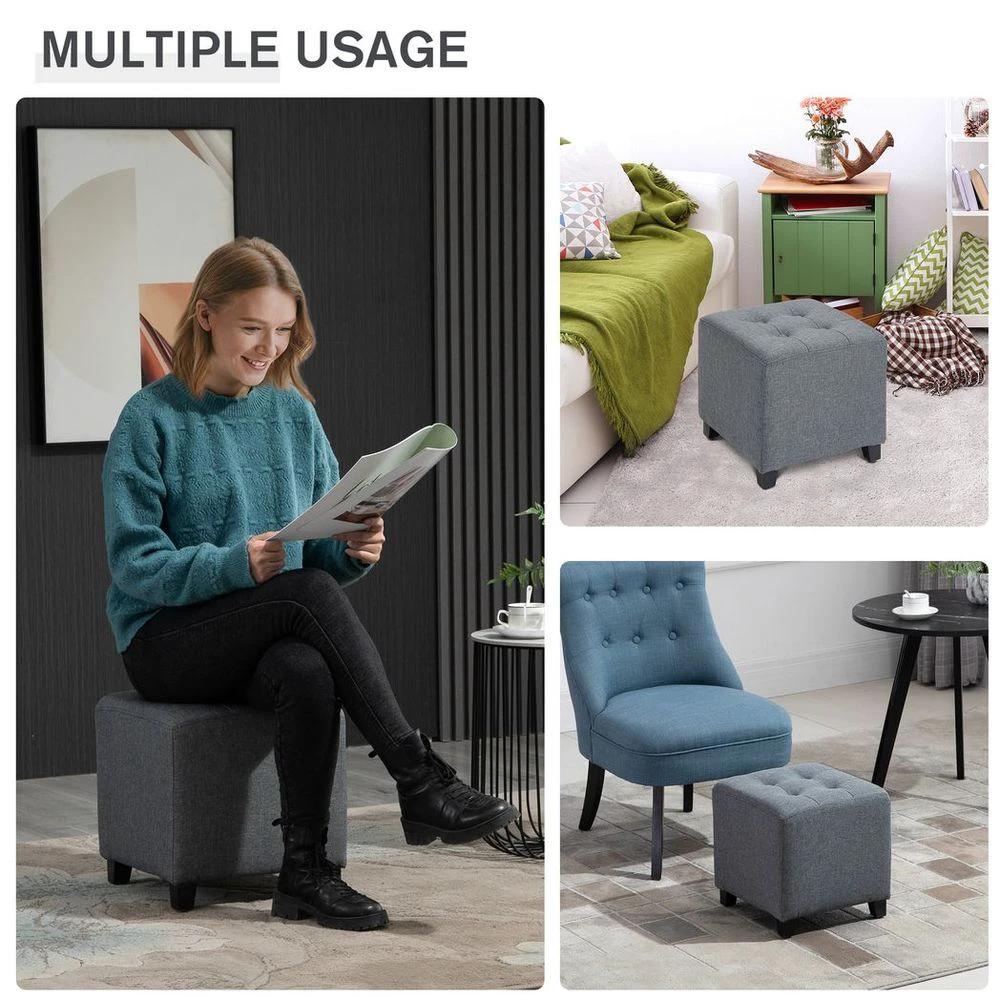HOMCOM Linen-Look Square Ottoman Footstool Button Tufts Wood Frame Padding Grey - Uncategorized Footstool