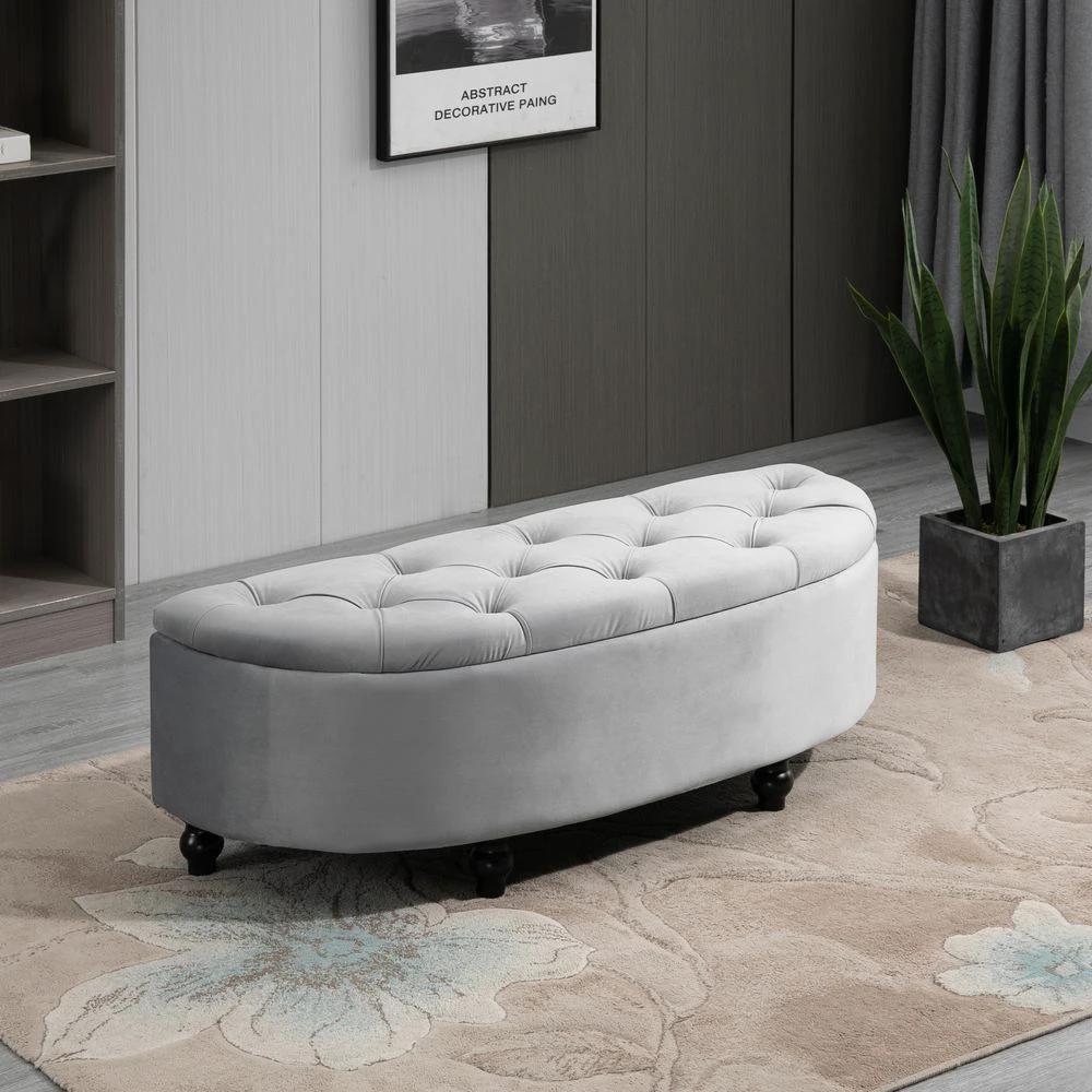 Semi-Circle Storage Ottoman Bench Tufted Upholstered Accent Footrest by HOMCOM