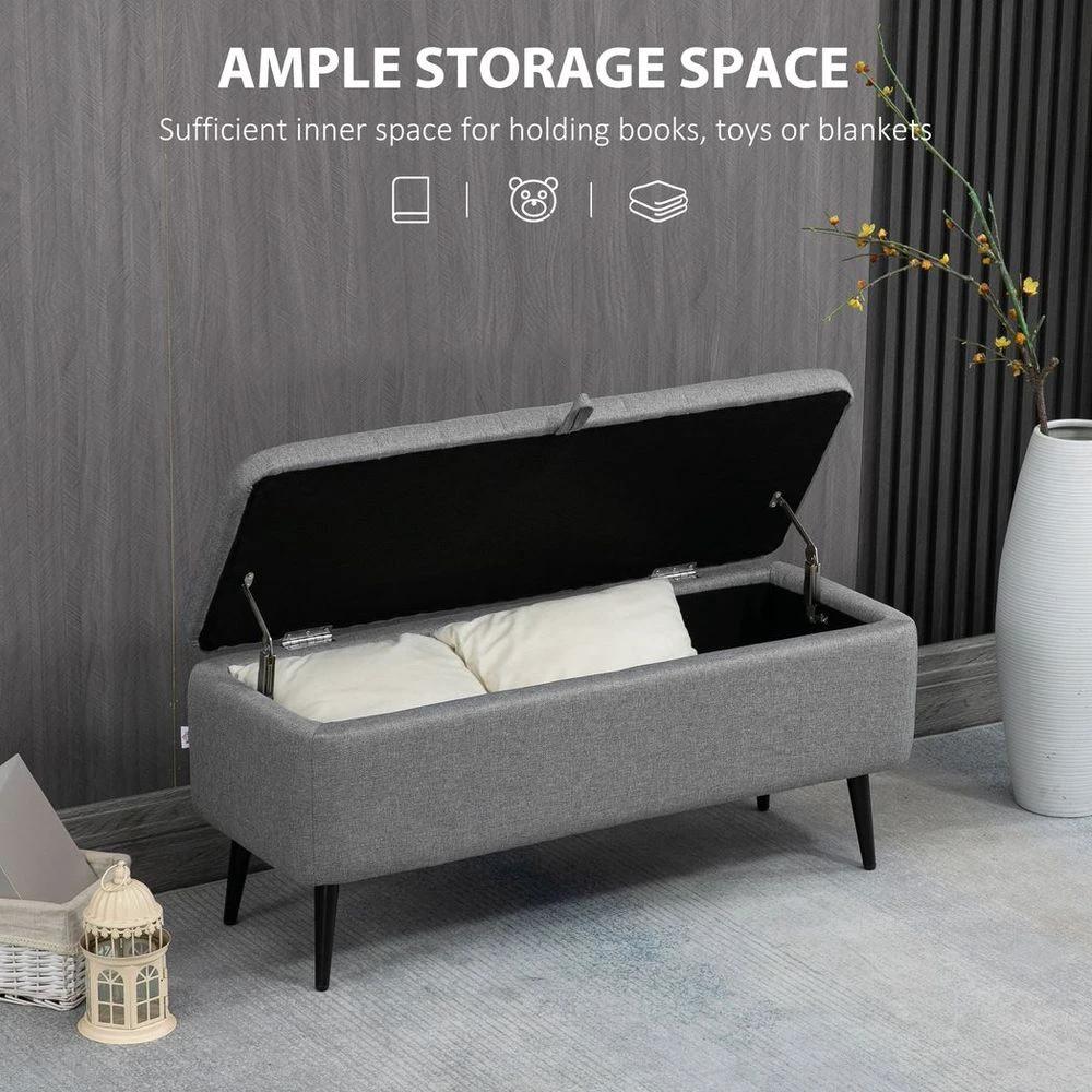 HOMCOM Storage Ottoman Bench, Linen Fabric Footstool with Steel Legs Grey - Uncategorized Footstool
