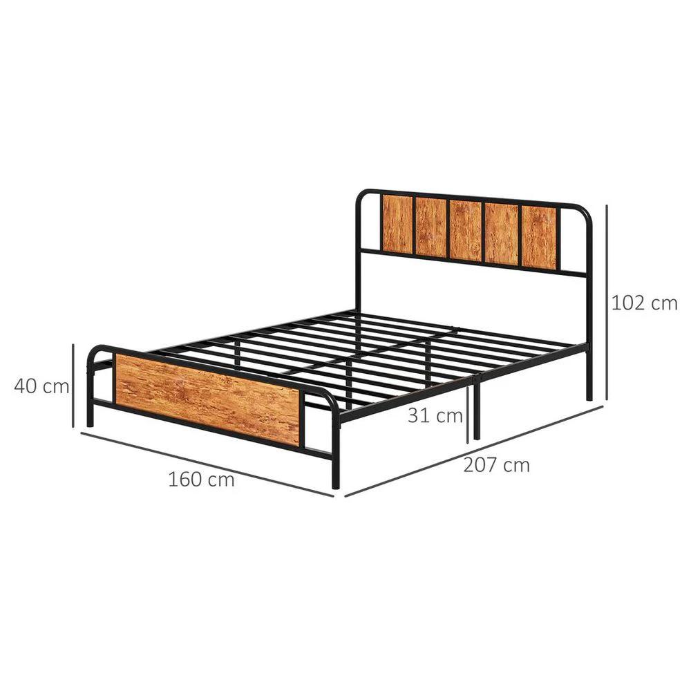 King Size Bed Frame Steel Bed Base with Headboard 160 x 207cm Brown by HOMCOM