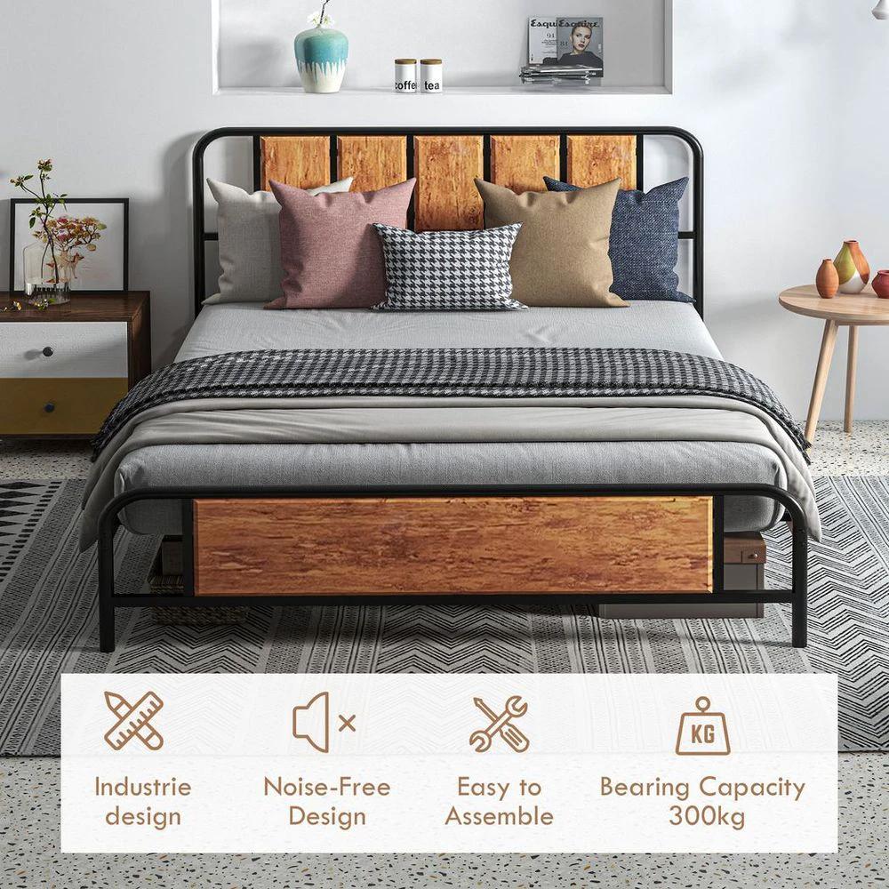 King Size Bed Frame Steel Bed Base with Headboard 160 x 207cm Brown by HOMCOM