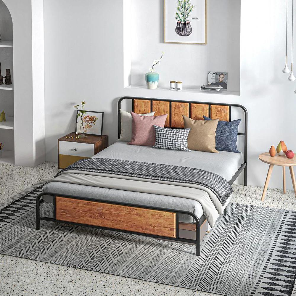 King Size Bed Frame Steel Bed Base with Headboard 160 x 207cm Brown by HOMCOM