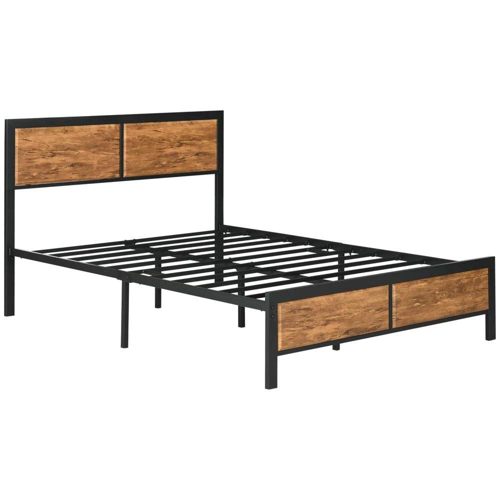 King Size Bed Frame Steel Bed Base with Headboard 160 x 207cm Brown by HOMCOM
