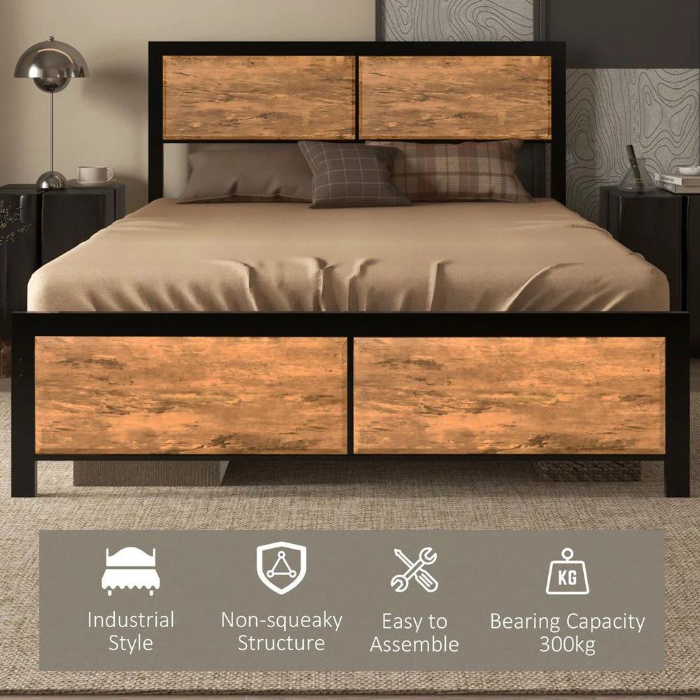 King Size Bed Frame Steel Bed Base with Headboard 160 x 207cm Brown by HOMCOM