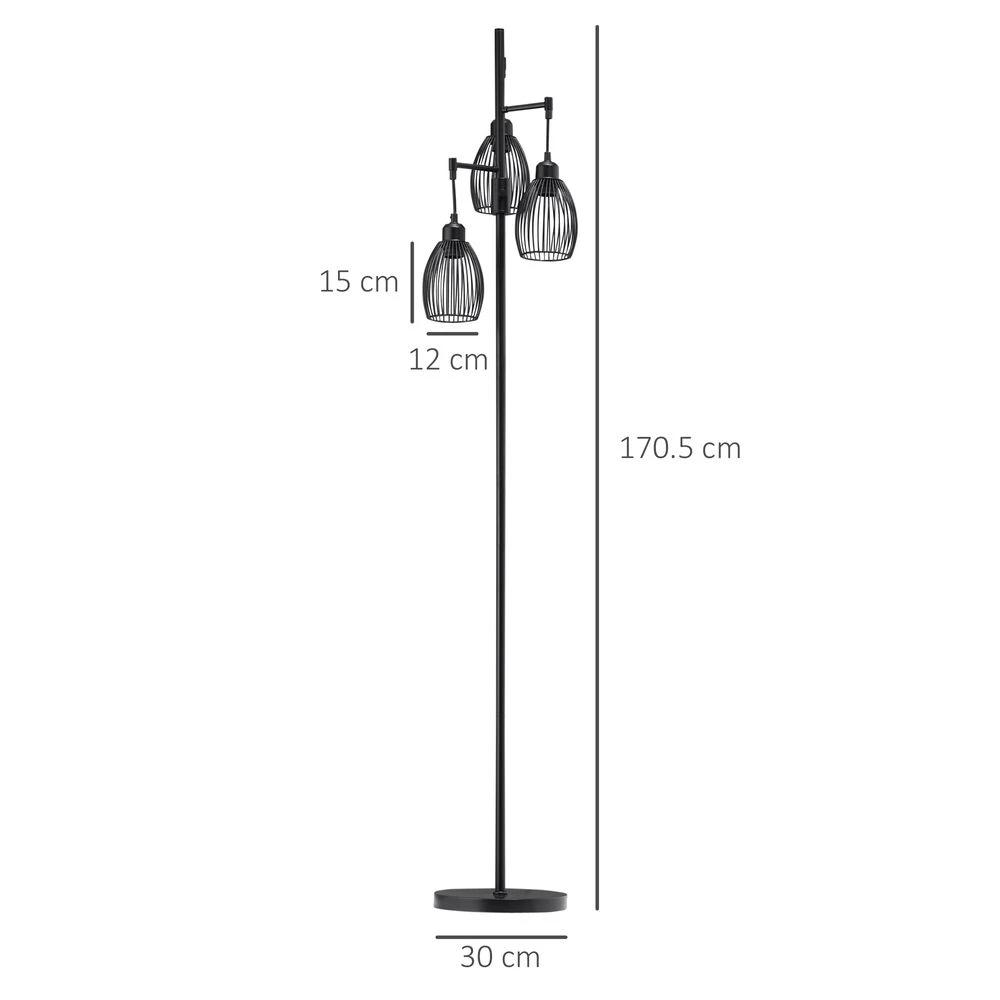 HOMCOM 170cm Industrial 3-Light Floor Lamp, Dimmable Black Homcom - Uncategorized Lamp