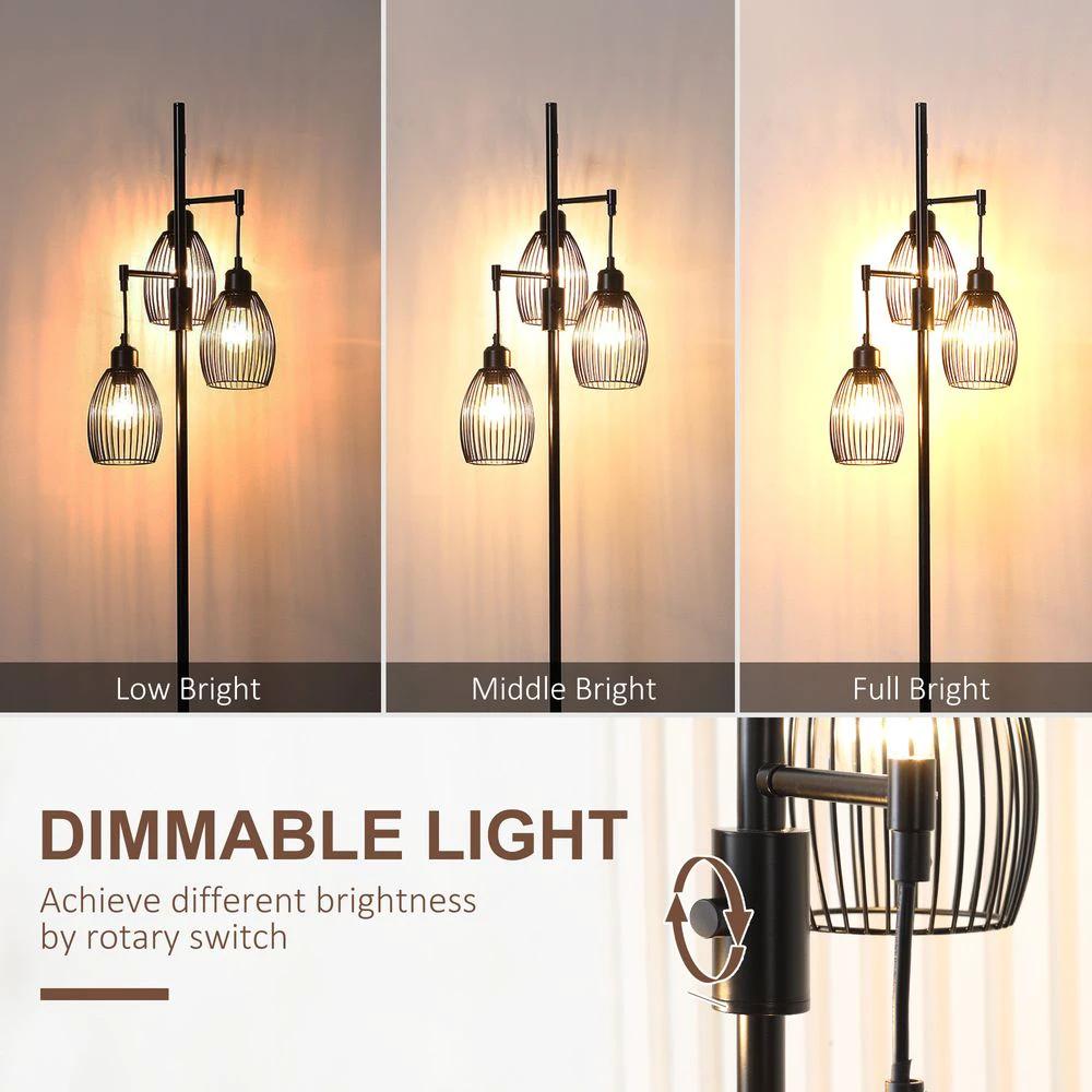 HOMCOM 170cm Industrial 3-Light Floor Lamp, Dimmable Black Homcom - Uncategorized Lamp