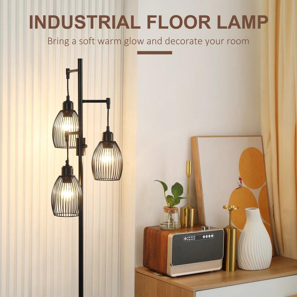 HOMCOM 170cm Industrial 3-Light Floor Lamp, Dimmable Black Homcom - Uncategorized Lamp