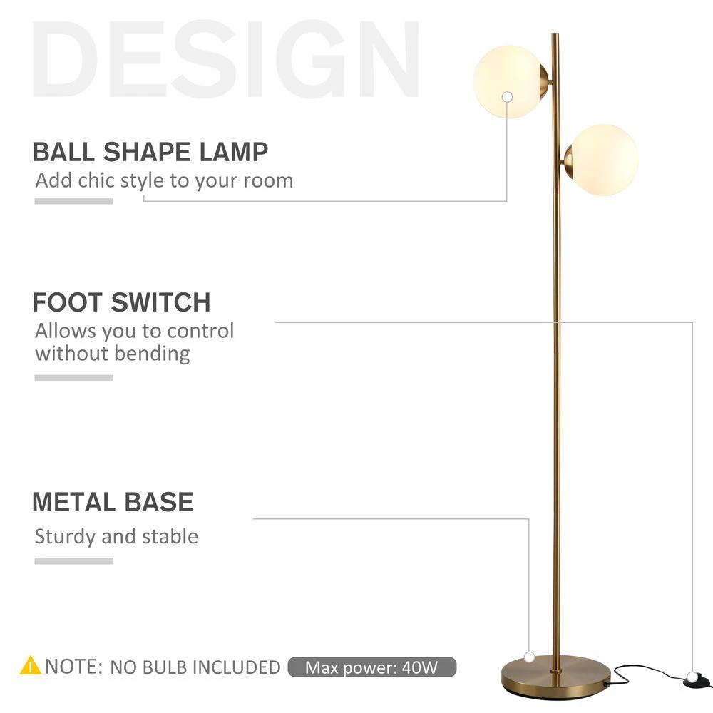 2 Glass Homcom Shade Floor Lamp Metal Pole Modern Decorative Floor Switch Gold by HOMCOM