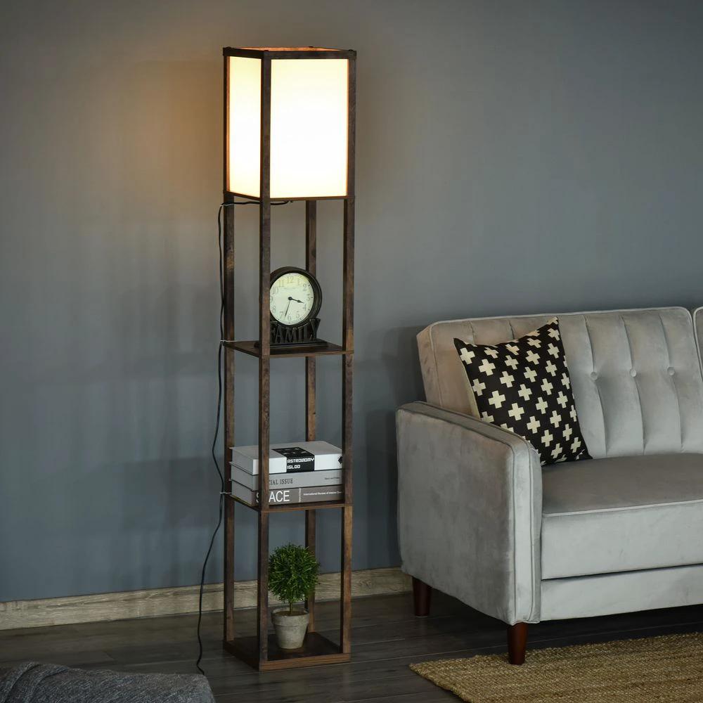 HOMCOM 4-Tier Floor Lamp, Floor Light with Storage Shelf, Brown 3-Tier - Uncategorized Lamp