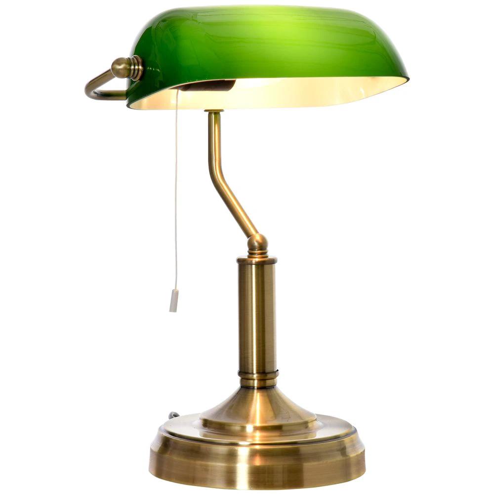 Banker's Table Lamp Desk Lamp w/Antique Bronze Base, Glass Shade and Pull Rope by HOMCOM