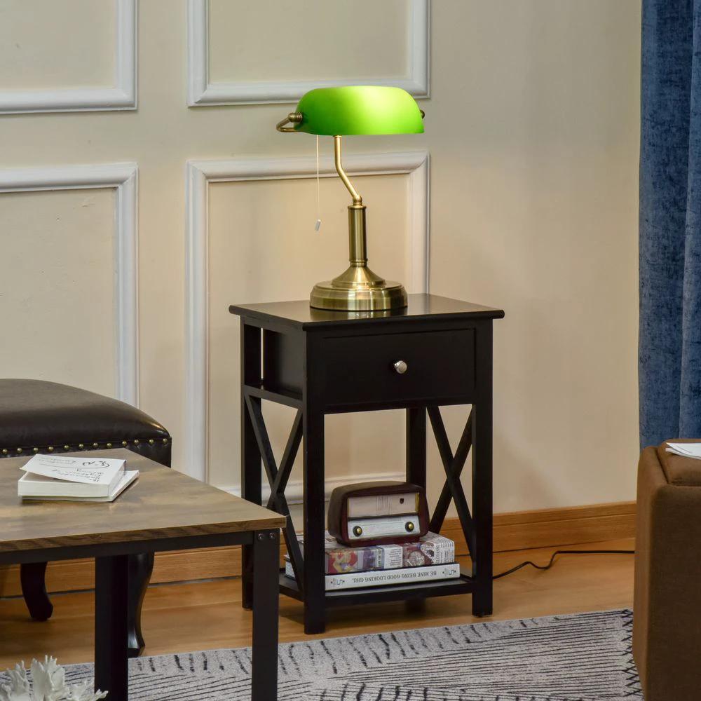 Banker's Table Lamp Desk Lamp w/Antique Bronze Base, Glass Shade and Pull Rope by HOMCOM