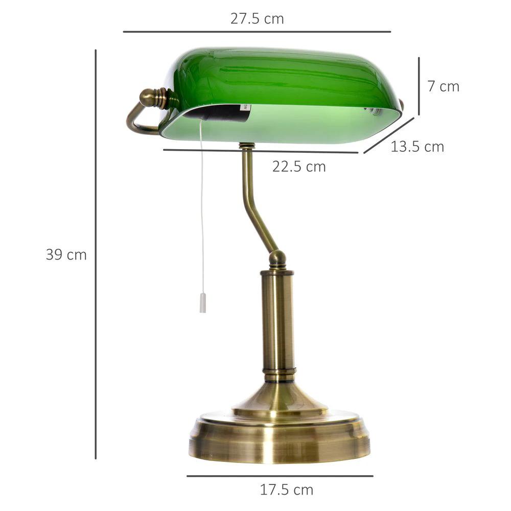 Banker's Table Lamp Desk Lamp w/Antique Bronze Base, Glass Shade and Pull Rope by HOMCOM