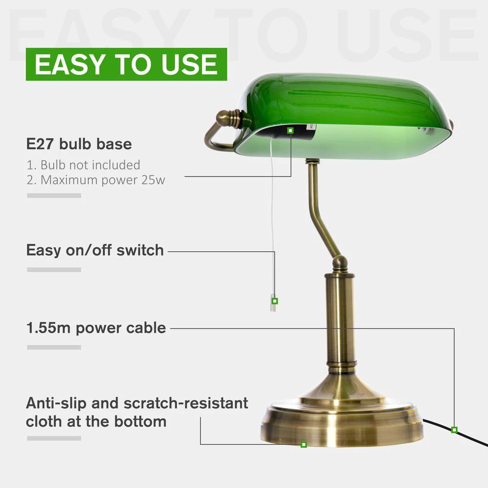 Banker's Table Lamp Desk Lamp w/Antique Bronze Base, Glass Shade and Pull Rope by HOMCOM