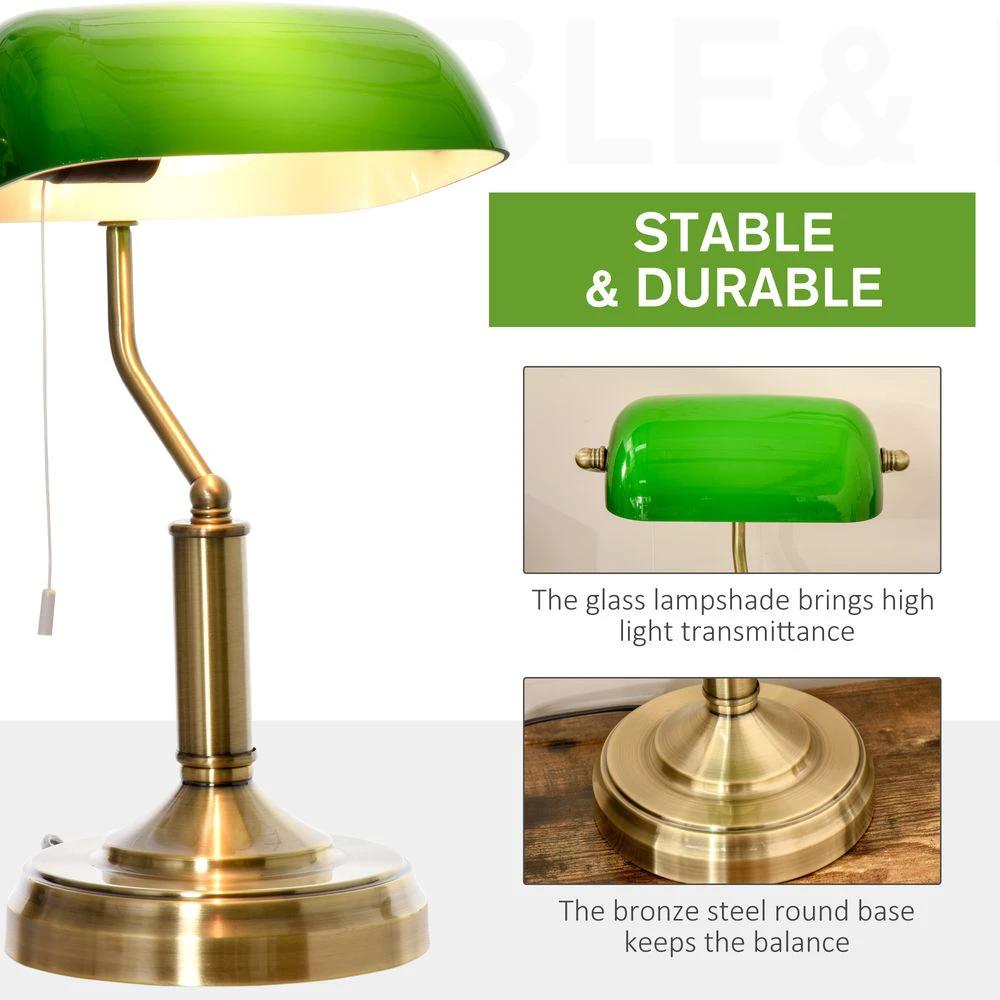 Banker's Table Lamp Desk Lamp w/Antique Bronze Base, Glass Shade and Pull Rope by HOMCOM