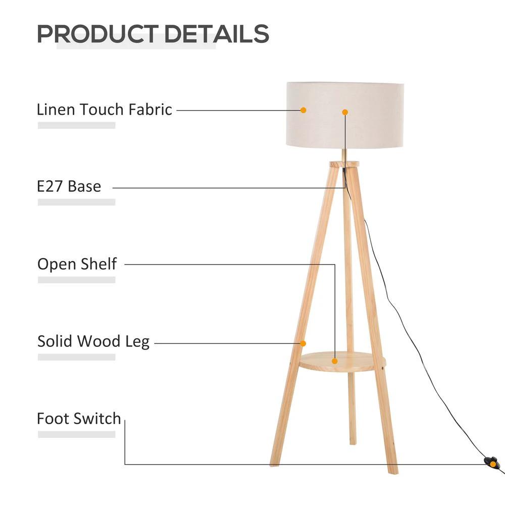 Floor Lamp, 154H cm-Beige/Natural Wood Colour by HOMCOM