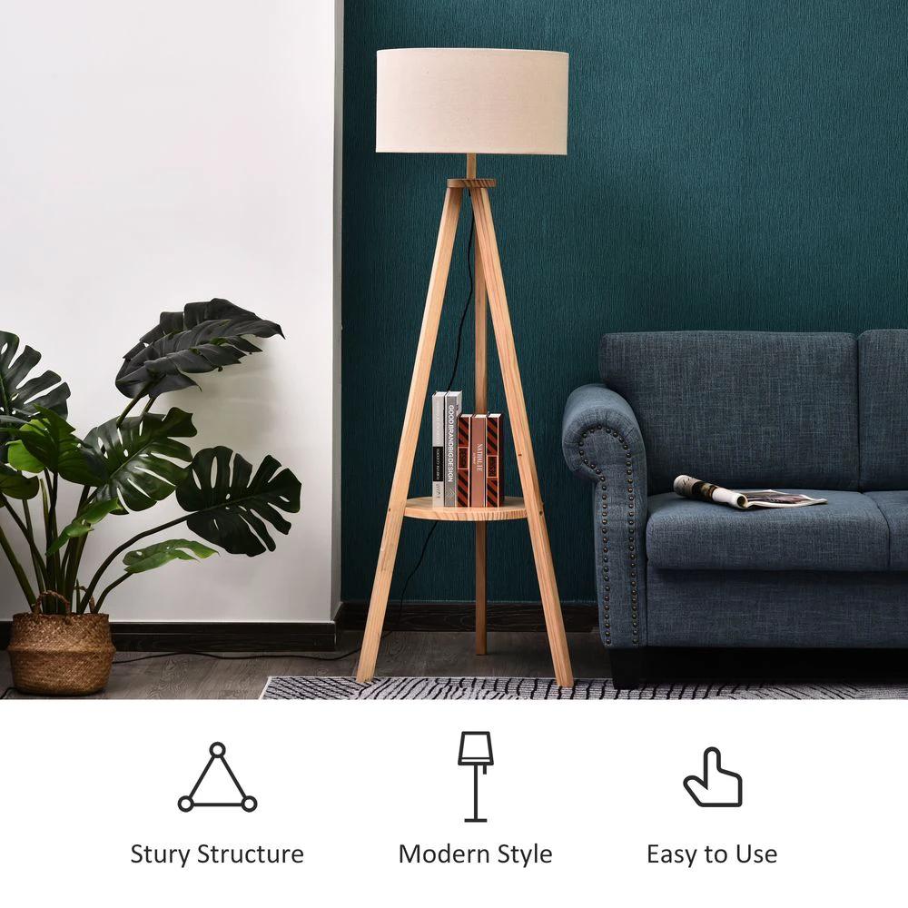 Floor Lamp, 154H cm-Beige/Natural Wood Colour by HOMCOM