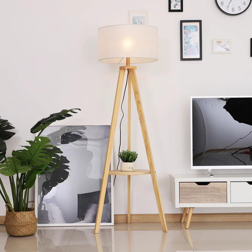 Floor Lamp, 154H cm-Beige/Natural Wood Colour by HOMCOM