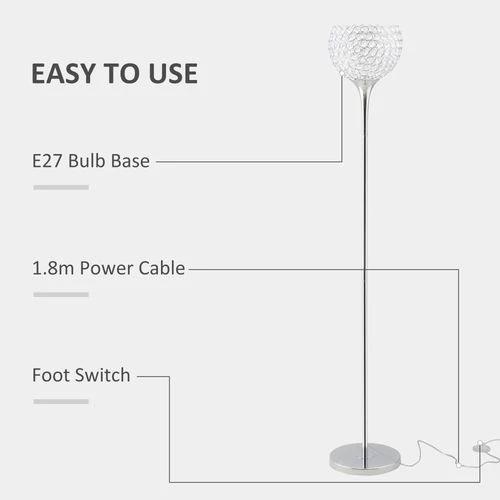 Floor Lamp with K9 Crystal Lampshade, E27 Bulb Switch Silver Lampshade by HOMCOM