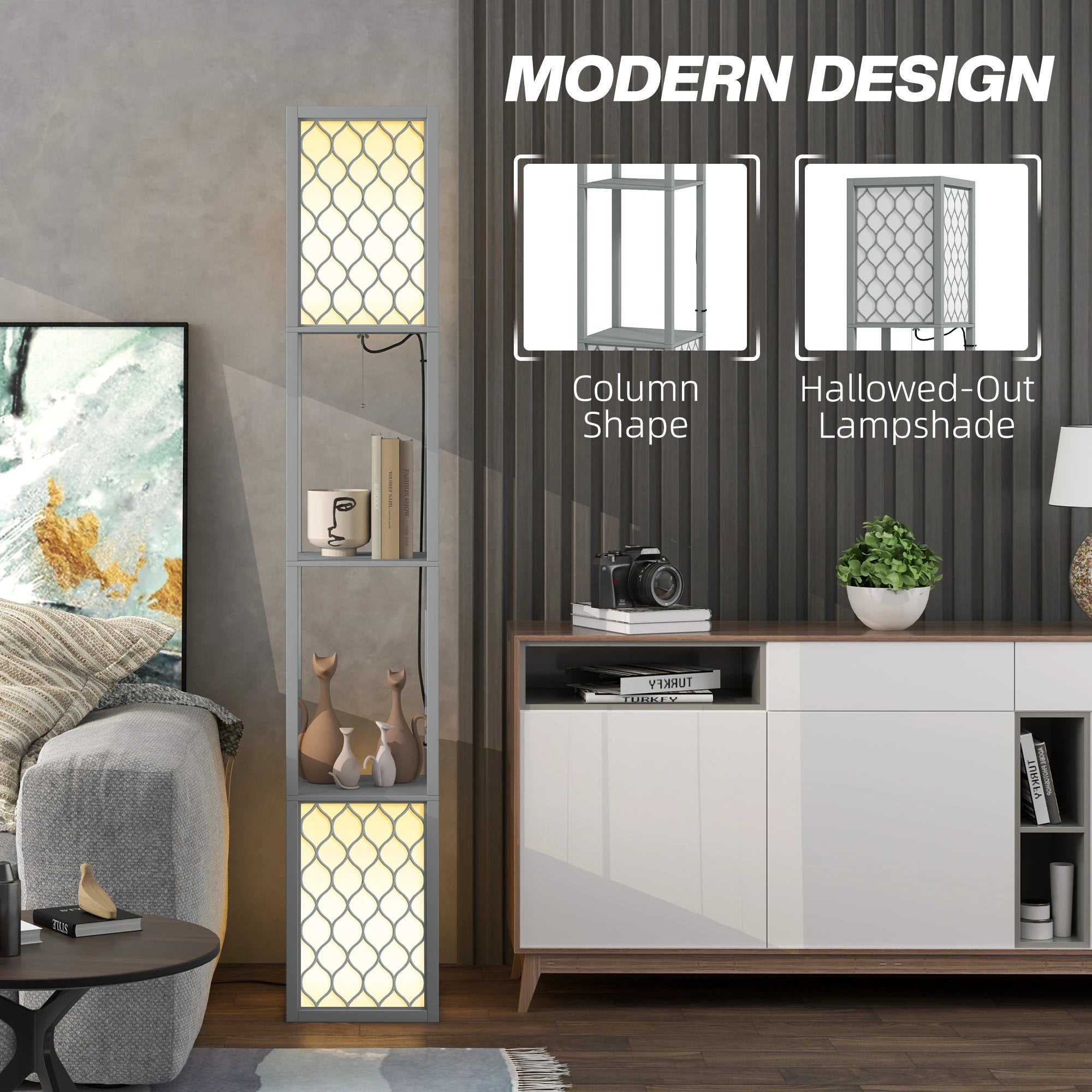 HOMCOM 2-Light Modern Floor Lamp with Shelves for Living Room, Bedroom, Grey by HOMCOM
