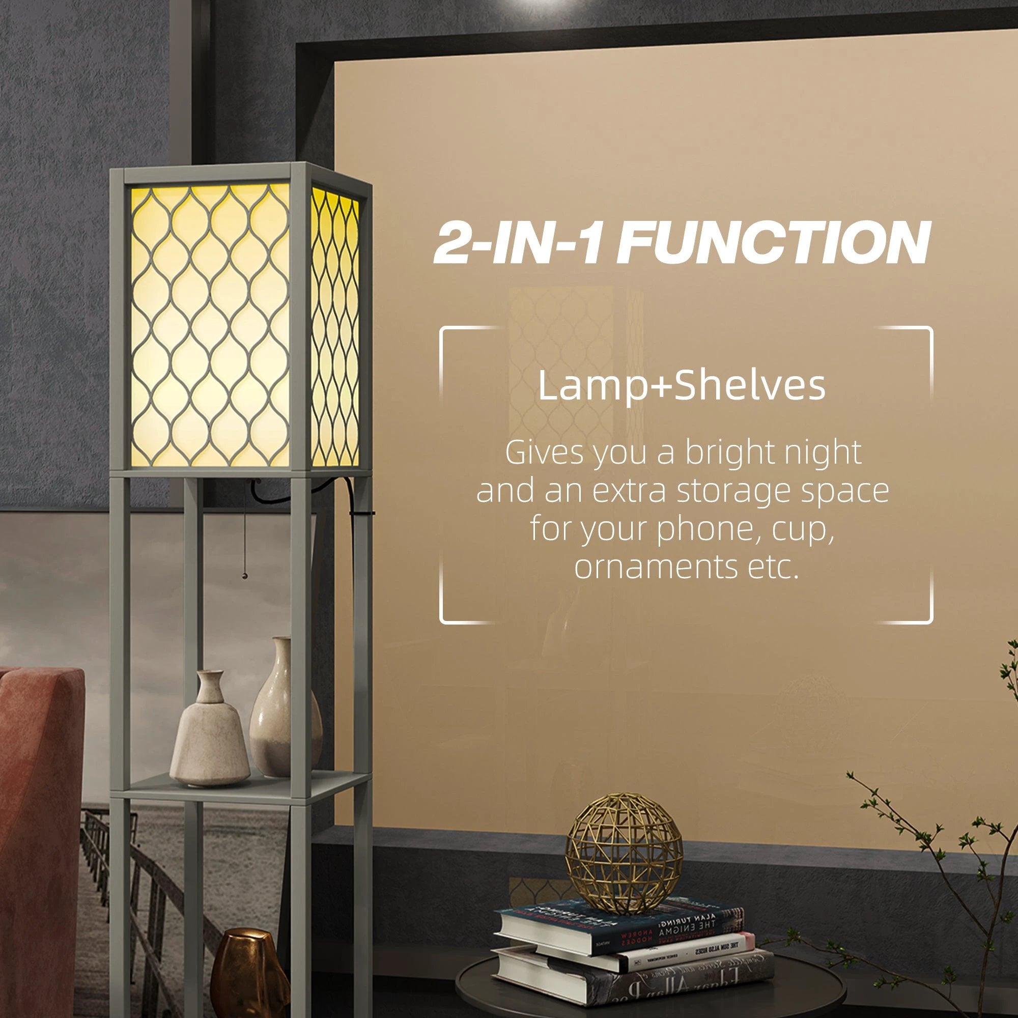 HOMCOM 2-Light Modern Floor Lamp with Shelves for Living Room, Bedroom, Grey by HOMCOM