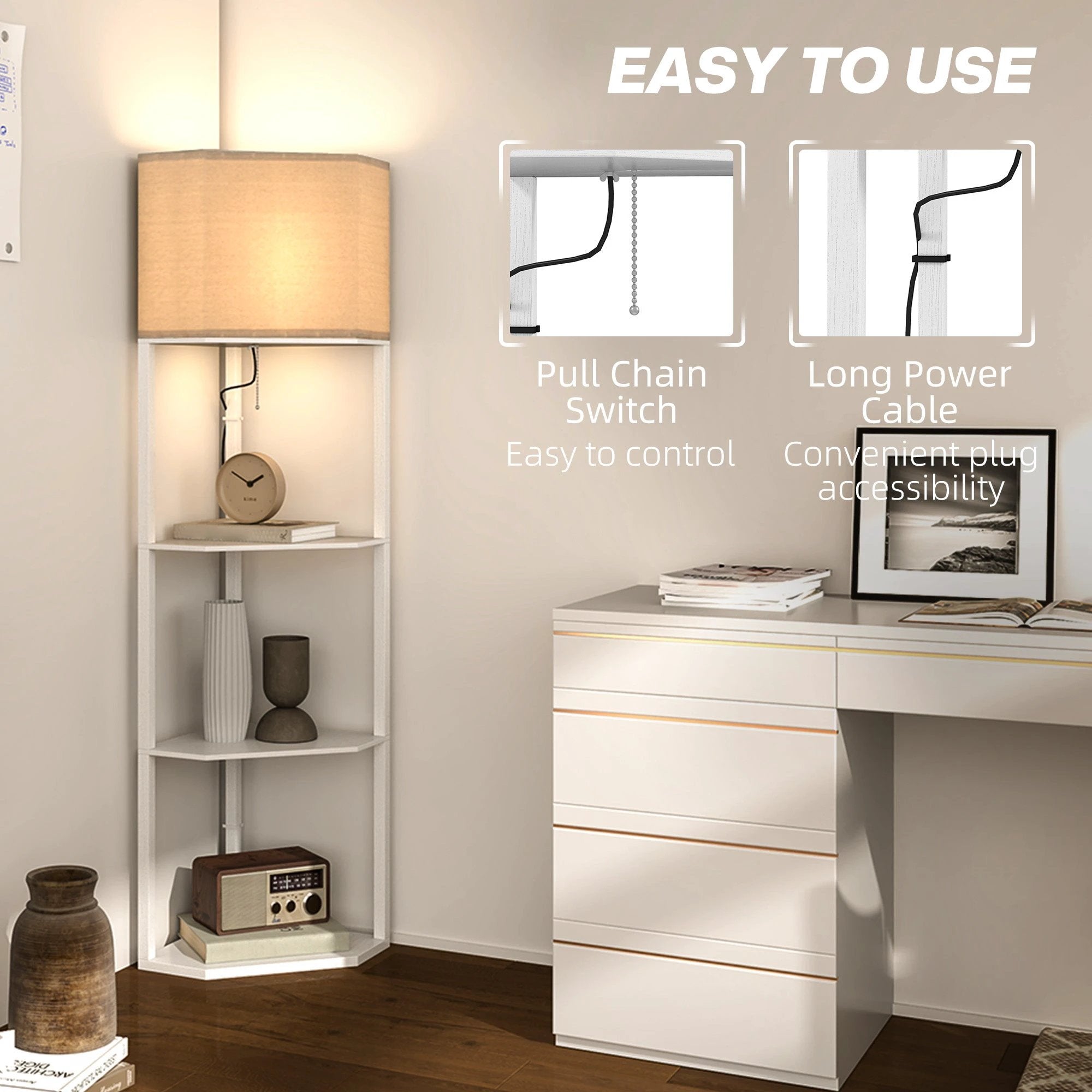 HOMCOM Corner Modern Floor Lamp with Shelves for Living Room, Bedroom, White by HOMCOM