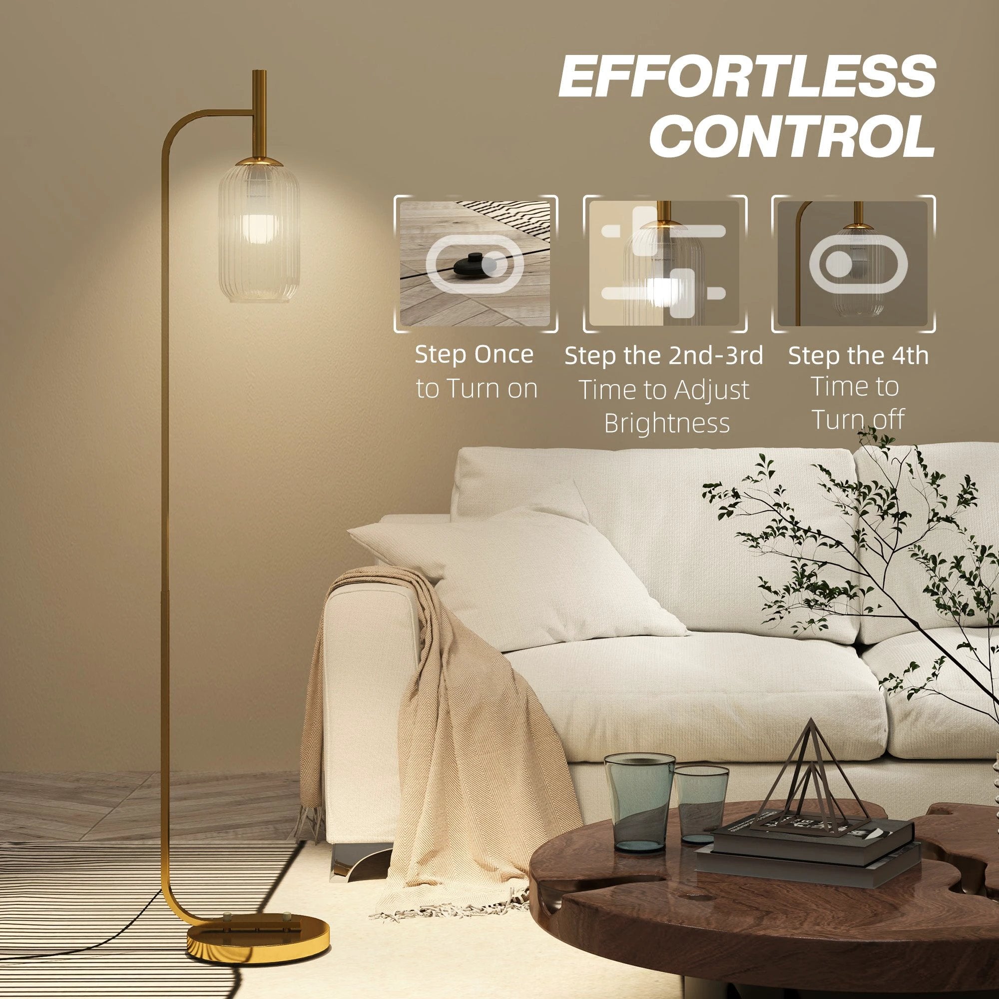 HOMCOM Modern Floor Lamp with Glass Lampshade, Foot Switch for Living Room by HOMCOM