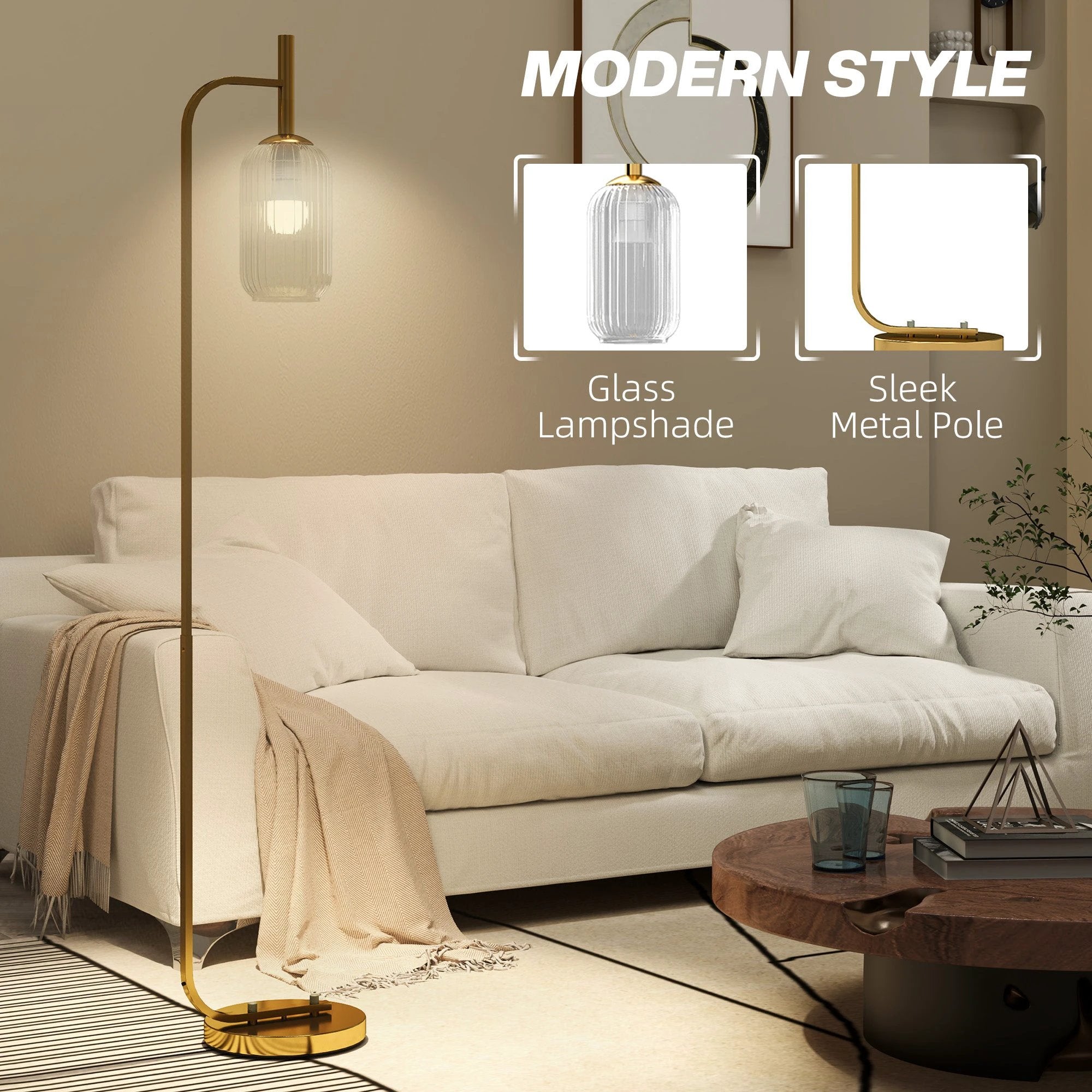 HOMCOM Modern Floor Lamp with Glass Lampshade, Foot Switch for Living Room by HOMCOM