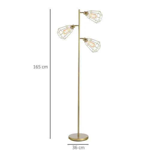 Industrial Steel Birdcage Floor Lamp w/ 3 Lights Round Base Switch Gold - Lamp from HOMCOM