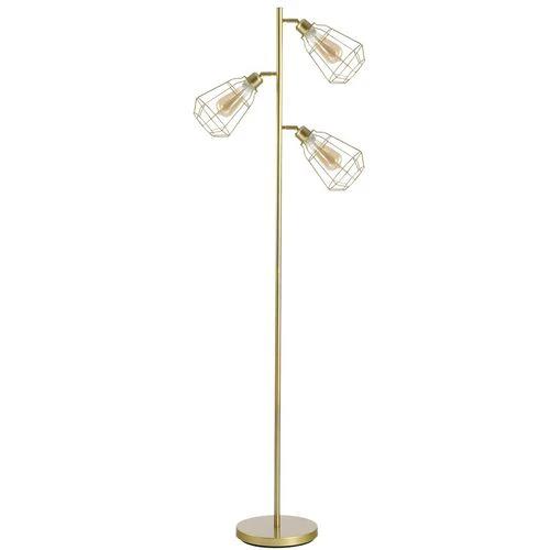 Industrial Steel Birdcage Floor Lamp w/ 3 Lights Round Base Switch Gold - Lamp from HOMCOM
