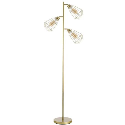 Industrial Steel Birdcage Floor Lamp w/ 3 Lights Round Base Switch Gold - Lamp from HOMCOM