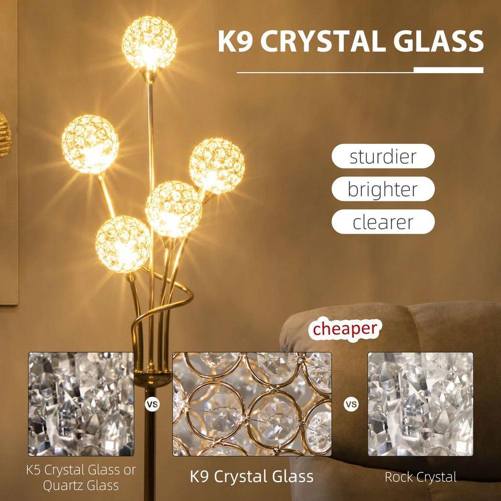 HOMCOM K9 Crystal Floor Lamp for Living Room, 5 Light Upright Standing Lamp, Gold - Uncategorized Lamp