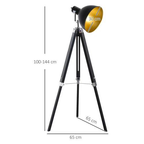 HOMCOM Retro Tripod Floor Lamp Dome Shade Light Wooden Legs-Black/Gold - Lamp
