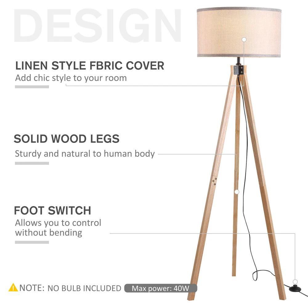 HOMCOM Rubber Wood Tripod Floor Lamp Beige - Uncategorized Lamp