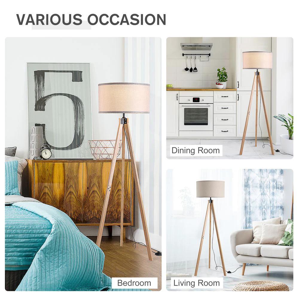 Rubber Wood Tripod Floor Lamp Beige by HOMCOM