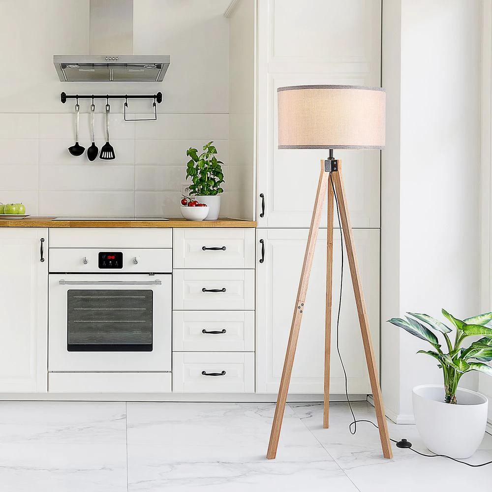 Rubber Wood Tripod Floor Lamp Beige by HOMCOM
