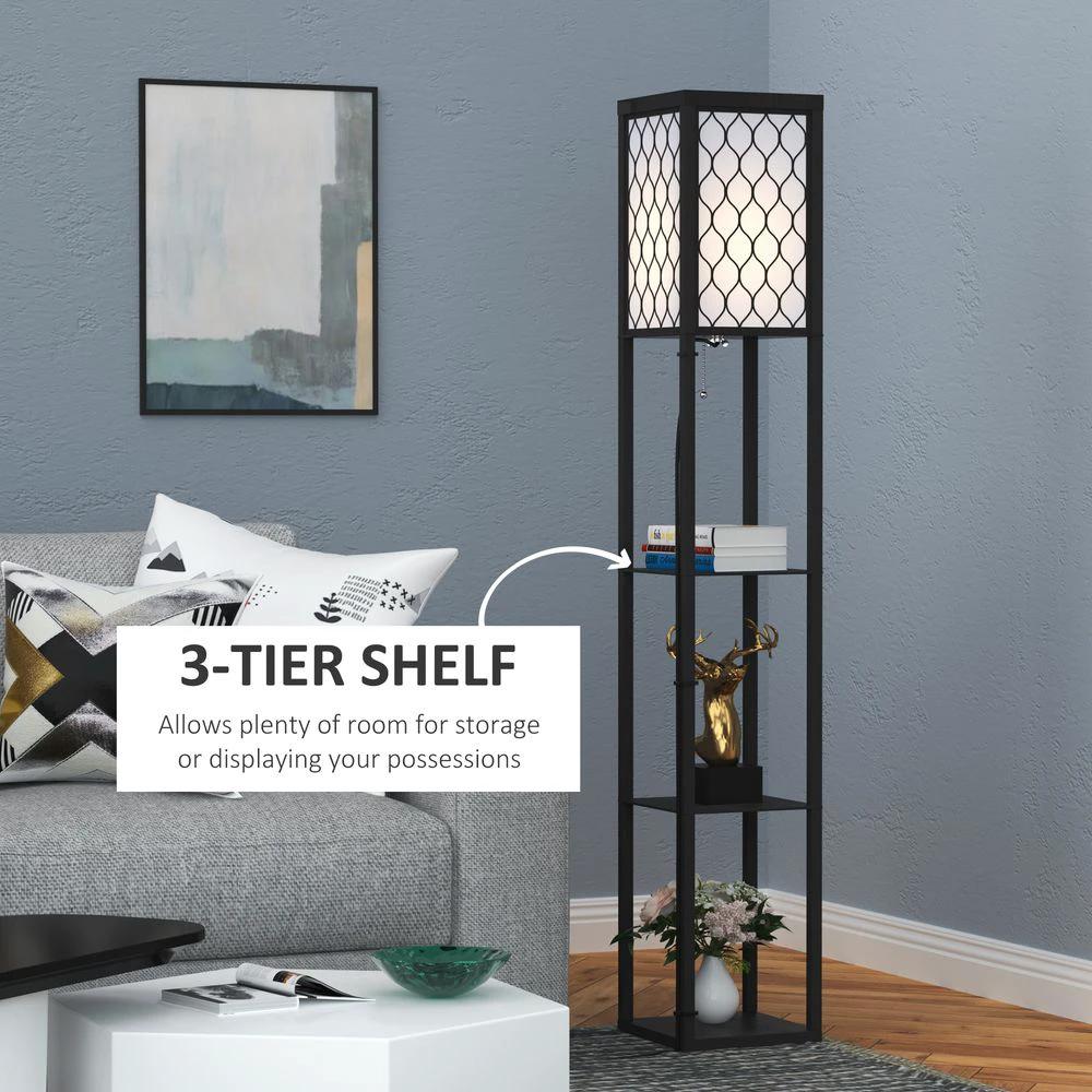 HOMCOM Shelf Floor Lamp W/4-tier Open Shelves Wooden, 26L x 26W x 160Hcm-Black/White - Uncategorized Lamp
