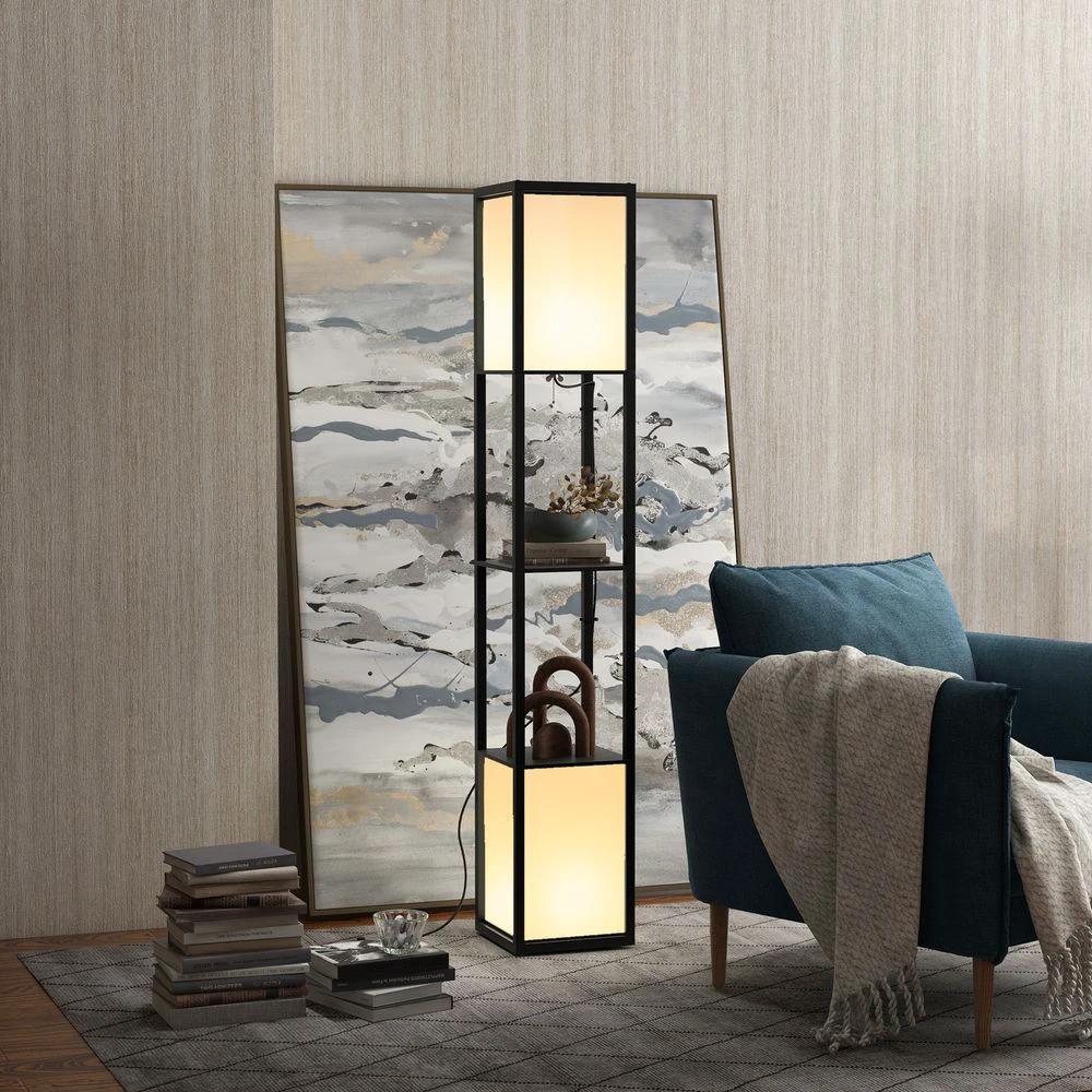 HOMCOM Shelf Floor Lamp with Dual Light, for Living Room, Bedroom, Black - Uncategorized Lamp