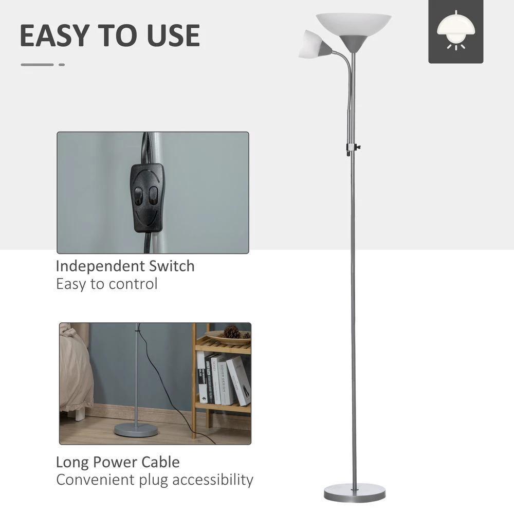 HOMCOM Steel Duo-Head Floor Lamp Silver - Uncategorized Lamp